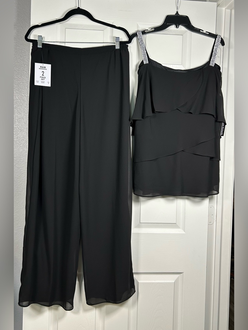 R&M Richards 2 pc Off-Shoulder Black Top with Sparkle Straps & Wide Pants
